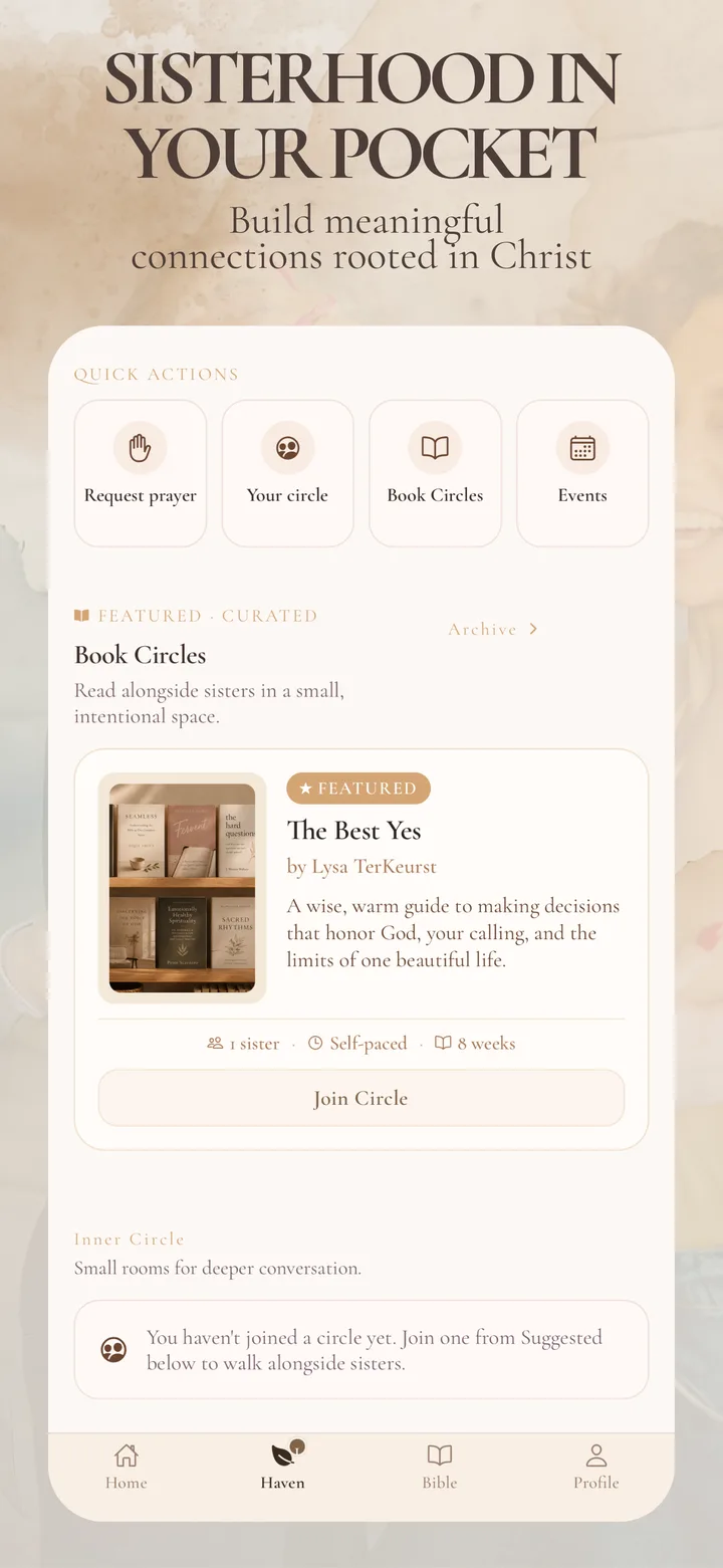 HVN home screen showing book circles, prayer, and spaces for sisterhood