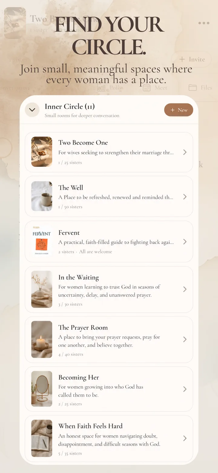 HVN Find Your Circle screen showing small, meaningful spaces for women