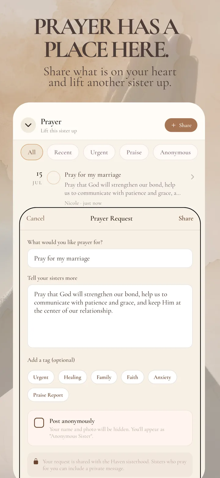 HVN Prayer screen for sharing what is on your heart and lifting another sister up